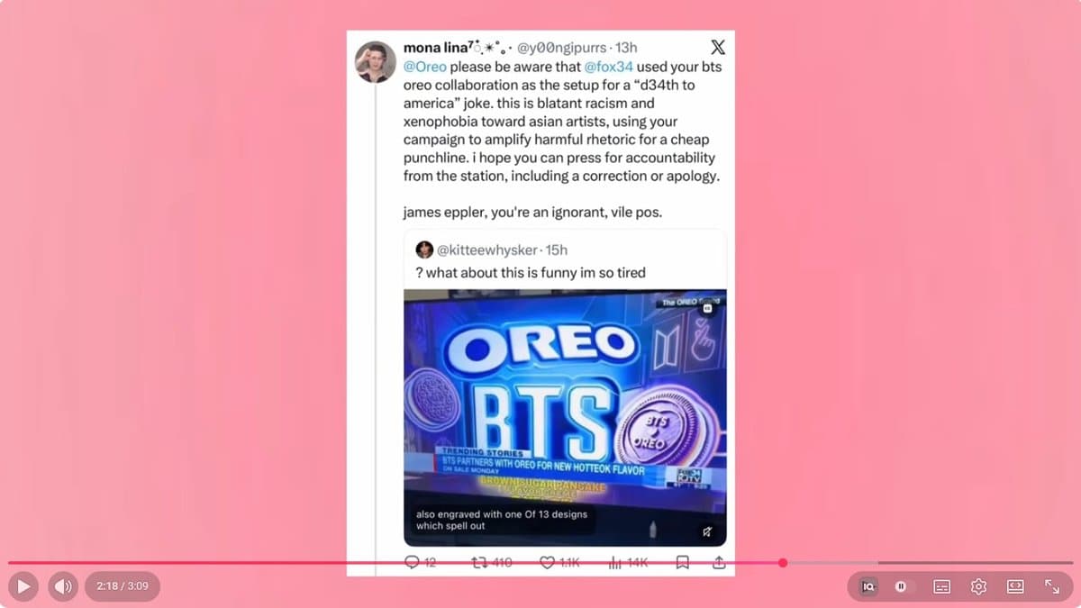 뉴스 앵커, BTS 오레오 협업 제품 소개 중 "미국에 죽음을" 발언... '아미' "하차하라" 분노